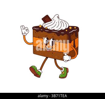 Cartoon groovige Schokoladenkuchen Dessert Charakter blinkend OK Schild. Isolierte Vektor-Gebäck-Persönlichkeit Retro mit mehrschichtigem Körper, gekrönt mit Schlagsahne. Stock Vektor