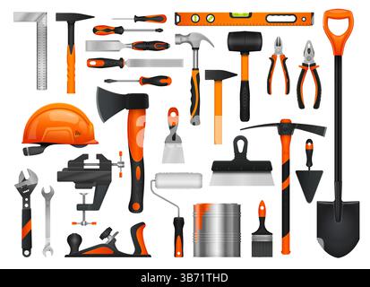 Bauwerkzeugsatz. 3D-Vektor-realistische Reparaturinstrumente. Hammer, Schraubendreher, Zange, Schraubenschlüssel und Axt. Säge, Rolle, Schraubenschlüssel und Schutzhelm für Stock Vektor