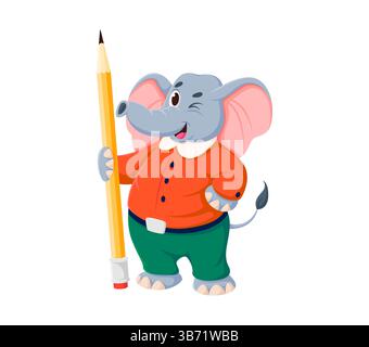 Zeichentrickfilm lustige Elefantenfigur mit Bleistift, Vektortiermaskottchen für Kinder. Niedlicher Elefant mit fröhlichem Gesicht und Blinzeln, hält einen Bleistift für Kinder im Kindergarten oder im Vorschulalter und Tiermaskottchen Stock Vektor