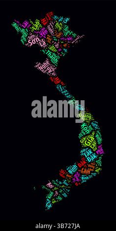 Vietnam Regionen Wortwolken. Helles Neondesign auf dunklem Hintergrund. Regionale Namen des Landes in vietnamesischer Sprache. Stock Vektor
