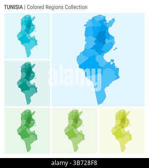 Tunesien Kartensammlung. Länderform mit farbigen Regionen. Hellblau, Cyan, Teal, Grün, Hellgrün, Farbpaletten in Limettenfarben. Stock Vektor