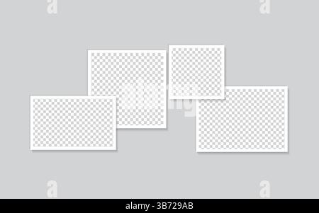Set aus verschiedenen Polaroid-Bilderrahmen mit Klebeband auf transparentem Hintergrund. Minimalistisches Vektormodell. Vorlage für Collage, Stock Vektor