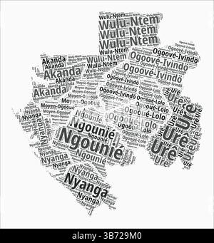 Gabon Textformatbereiche. Länderregion nennt Wortwolken in französischer Sprache. Moderne Vektorillustration. Stock Vektor
