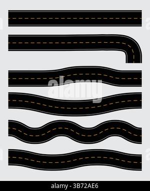 Autobahnstraßen, abgelegene Reihen gerader und kurviger Straßen oder Wege Stock Vektor