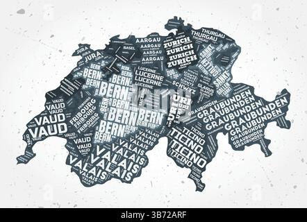 Schweiz Regionen Wortwolken. Länderform auf strukturiertem Hintergrund. Schweizer Design im typografischen Stil. Erstaunliche Vektorillustration. Stock Vektor