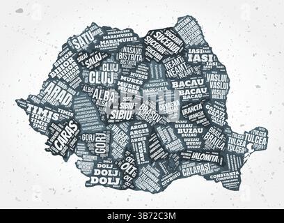 Rumänien Regionen Wortwolken. Länderform auf strukturiertem Hintergrund. Rumänisches Design im typografischen Stil. Fantastische Vektor-Illustration. Stock Vektor