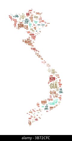 Vietnam Word Cloud. Länderform mit Gebietseinteilung. Bild im Typografie-Stil Vietnam. Bereichsnamen kennzeichnen Wolken. Vektorabbildung. Stock Vektor