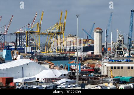 Livorno, Italien. April 2025. Allgemeine Ansicht des Hafens von Livorno (ital. Porto di Livorno) in Livorno (Toskana, Italien) mit Blick auf das Containerterminal mit einem Containerschiff der Reederei MSC (MSC Albany) mit zahlreichen Containern und dem Turm „Torre del Marzocco“. Der Hafen an der Westküste Italiens ist ein wichtiger Mehrzweckhafen für Import und Export, der verschiedene Arten von Fracht wie Containerfracht, flüssige Massengüter und Massengüter umsetzt. Quelle: Matthias Balk/dpa/Alamy Live News Stockfoto
