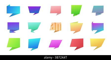 Fünfzehn bunte Origami-Sprechblasen in verschiedenen Formen auf weißem Hintergrund, lebendige Komposition für Kommunikation und Durchsagen Stock Vektor