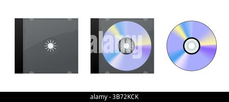 CD oder DVD mit Abdeckung und in transparentem Gehäuse und ohne Gehäuse, isoliert auf weißem Hintergrund. Musik, Datenspeicherung und Softwareverteilung Stock Vektor