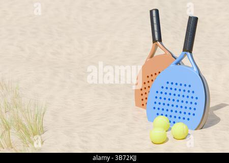 Zwei bunte Paddel und gelbe Bälle am Sandstrand, perfekt für einen Tag mit Paddeltennis. 3D-Rendering Stockfoto