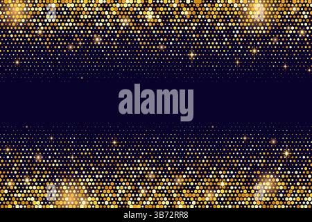 Goldener Glitzer auf schwarzem Hintergrund. Muster mit Vektorstaub und Konfetti. Im Halbton gepunktete Funkeln und leuchtende Sterne. Luxuriöse Disco mit abstrakter Magie Stock Vektor