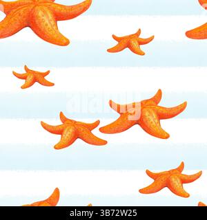 Eine Beziehung von Marine nahtlosem Muster mit roten Seesternen auf gestreiftem blau-weißem Hintergrund. Sommertracerie von handgezeichneten Aquarellelementen für BE Stockfoto