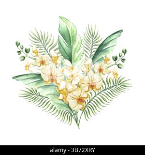 Tropische Blätter und gelbe Orchideenblumen isolierte Illustration für Sommer-Regenwald-Designs. Handgezeichnete grüne Monstera, phalaenopsis Stockfoto