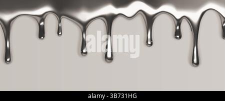 Metallische silberne Flüssigkeit tropft an der Grenze – glänzende Chromtröpfchen fließen nach unten. Glänzende Metalltropfen isoliert auf grauem Hintergrund. Realistische 3D-Quecksilberflecken, geschmolzene Stahlspritzformen. Stock Vektor