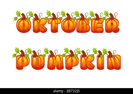 Kürbisbriefe, niedliche Wörter Oktober und Kürbis, handgemalte Illustration, perfekt für Urlaubsprojekte, Basteln von Grußkarten, Dekorationen, für Stock Vektor