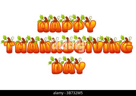 Kürbisbriefe, niedliche Worte Happy Thanksgiving Day, handgemalte Illustration, perfekt für Feiertagsprojekte, Basteln von Grußkarten, Dekorationen, für Stock Vektor