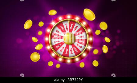 Glücksrad mit glühenden Glühbirnen, Gewinnsektoren auf sich drehendes Roulette. Glücksspiel-Lotterie-Glücksspiel-Konzept, Casino-Jackpot-Glückskreis umgeben von goldenen Münzen, die auf lila bg herumfliegen. Stock Vektor