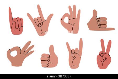 Handgesten-Doodles-Set – verschiedene Fingerpositionen in skizzierter Form. Daumen hoch, Friedenszeichen, OK- und Rock-Symbol-Abbildungen. Nonverbale Kommunikationssignale, Symbole in der Körpersprache minimalistisches Design. Stock Vektor