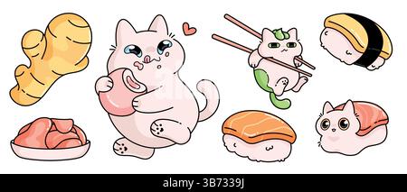 Kawaii Cat Sushi Charaktere - entzückende Kätzchen kosplay wie japanische Küche. Süßes Kätzchen, verkleidet als Lachsnigiri und Brötchen. Charmante Anime-Haustier-Maskottchen essen Mochi-Dessert. Lustige Manga-Aufkleber. Stock Vektor
