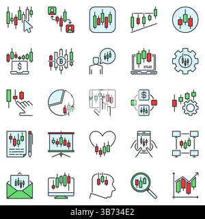 Farbige Symbole für den Handel mit Online-Kryptowährungen festgelegt. Kerzenhalter zeigt kreative Schilder. Kryptohändler Konzept Vektorsymbole Stock Vektor