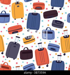 Sachen für die Reisetasche. Nahtloses Koffer-Muster. Beifahrerventilblende. Wiederholter Druck. Flughafengepäck. Reisegepäck. Urlaubsreise. Abenteuer h Stock Vektor