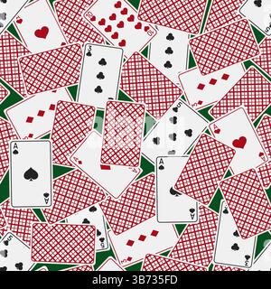 Verstreute Spielkarten liegen auf grünem Pokertisch nahtloses Muster. Vegas Club. Casino-Spiel. Blackjack-Spiele. Wiederholter Druck. Aces vorne und hinten. G Stock Vektor