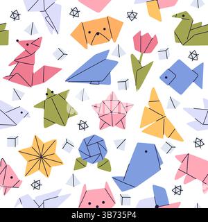 Origami Figuren gefaltet aus farbigem Papier nahtlos Muster. Japanische Tierformen. Kreativer Taubenvogel und -Blume. Wiederholter Druck. Bastelspielzeug. Asiatische po Stock Vektor