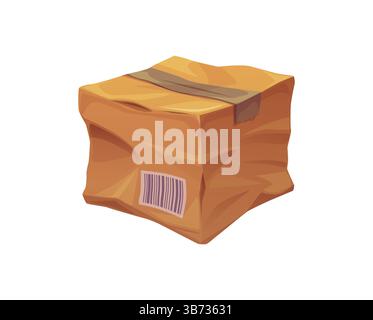 Beschädigtes, zerknittertes und gebrochenes Paket aus Pappkarton, zerquetschtes und zerrissenes Frachtpaket, das Anzeichen für eine grobe oder schlechte Lieferung zeigt. Isoliertes Carto Stock Vektor