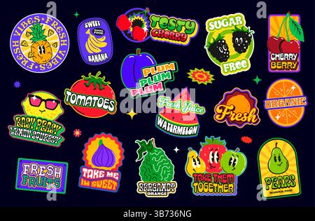 Tropische Reife Früchte y2k Groovy Patch-Aufkleber, frischer Smoothie und Saft-Retro-Etiketten. Süße Beeren mit lächelnden Gesichtern und lustige Fruchtgetränk-Emo Stock Vektor