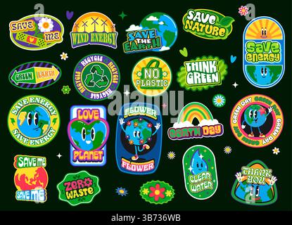 Umwelt y2k RETRO Groovy Aufkleber, Ökologie und Recycling Patch Etiketten Set. Funky Erde Planet Globus mit Blumen, Wassertropfen und Sonnenvektor Emojis. Stock Vektor