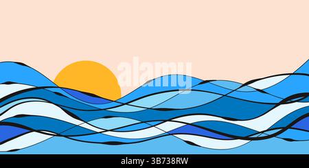 Sonnenuntergang und Meereswellen Hintergrund. Abstrakte Meereslandschaft mit handgezeichneten Linien. Minimales Stranddesign. Blaues Wellenmuster. Stock Vektor