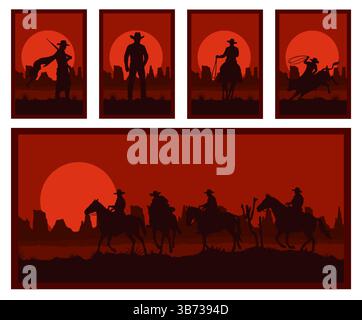 Set aus Cowboy-Silhouetten, die in einer Wüstenlandschaft reiten und stehen, mit dramatischem rotem Hintergrund bei Sonnenuntergang, die an klassische Themen des Wilden Westens erinnern. Stock Vektor