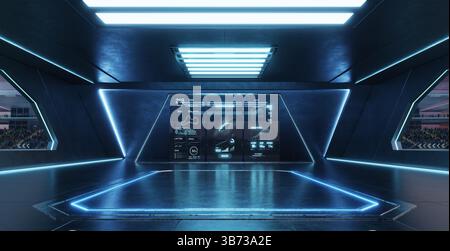 Futuristische Hightech-Garage, die Renndaten und Telemetrie auf mehreren digitalen Bildschirmen mit leuchtend blauen Neonlichtern anzeigt. 3D-Rendering Stockfoto