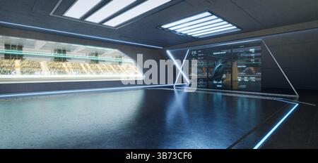 Futuristische Garage, die Rennstatistiken auf einem digitalen Bildschirm anzeigt, mit Blick auf eine Rennstrecke mit Zuschauern. 3D-Rendering Stockfoto