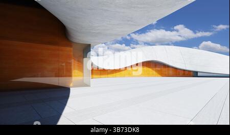 Futuristisches Gebäude mit orangefarbener Glas- und Betonfassade unter bewölktem Himmel. 3D-Rendering Stockfoto