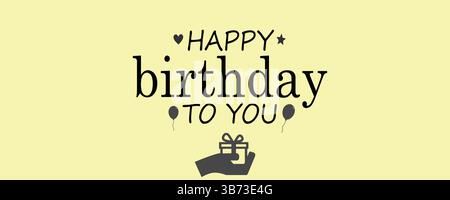 Happy Birthday Schriftzug Textbanner mit Ballons, Geschenken & Herzen in Schwarz auf gelbem Hintergrund. Editierbare Vektor-EPS-Vorlage. Stock Vektor
