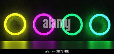 Leuchtende Neonkreise in Gelb, Rosa, Grün und Hellblau beleuchten Wand und Boden aus dunklem Grunge-Beton. Hintergrundvorlage. Stockfoto