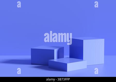 Minimalistischer abstrakter Hintergrund mit drei blauen rechteckigen Podesten auf blauem Boden und blauer Wand. Stockfoto