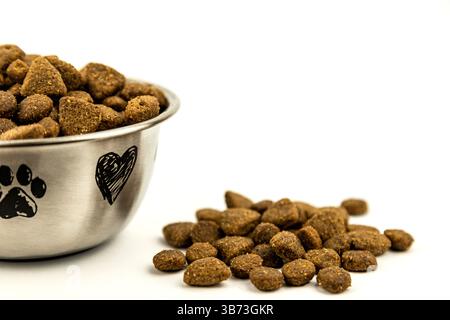 Trockenfutter auf weißem Hintergrund. Das Essen ist auf einem weißen Hintergrund ausgelaufen. Ein Teil des Tellers mit Lebensmitteln ist auf dem Foto zu sehen. Hochwertiges Foto Stockfoto