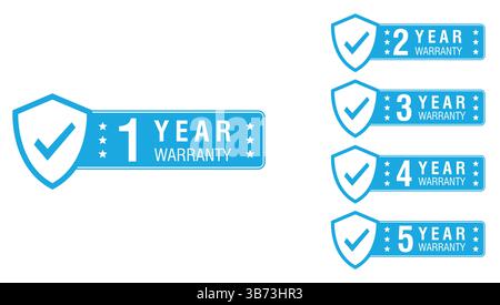Satz blauer Jahresgarantieetiketten von 1 bis 5 Jahren mit Häkchen und Sternen in den Schildsymbolen für Produktsicherheit und Kundenvertrauen Stock Vektor
