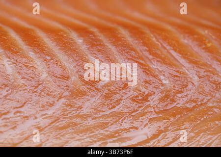 Nahaufnahme von frischem Lachsfilet mit glänzender Textur Stockfoto