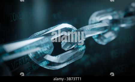 Eine stilisierte digitale Kette mit holografischem Text, der Konzepte der Blockchain-Technologie und sichere Datenverbindungen darstellt. CGI-Rendering Stockfoto