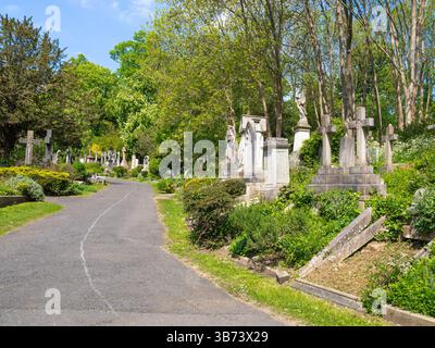 London, Großbritannien - 28. April 2025: Ein friedlicher Friedhof-Pfad von Highgate, gesäumt von Grabsteinen und üppigem Grün unter einem klaren blauen Himmel. Stockfoto
