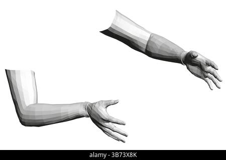 Zwei Arme, von denen einer ausgefahren und der andere gebogen ist. Der ausgefahrene Arm greift nach außen, während der gebogene Arm auf dem ausgefahrenen Arm aufliegt. Konzept Stock Vektor