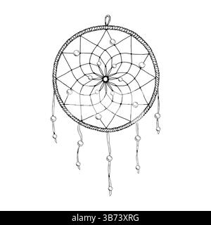 Vektorillustration eines handgezeichneten Traumfängers in Schwarz-weiß. Kreisförmiger Ring mit Seilstruktur, mittigem Perlenmuster und hängenden Fäden mit Stock Vektor