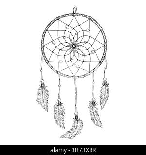 Vektorillustration eines handgezeichneten esoterischen Traumfängers mit Federn und Perlen. Erstellt im Skizzenstil mit schwarzer und weißer Tinte, geeignet für Boho Stock Vektor