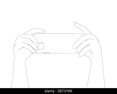 Zwei Hände halten ein Handy. Die Hände sind dicht beieinander, berühren sich aber nicht. Konzept der Verbindung und Kommunikation zwischen den beiden Personen Stock Vektor