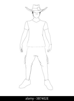 Ein Mann mit Cowboyhut steht vor einem weißen Hintergrund. Der Mann trägt Hemd und Jeans Stock Vektor