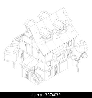 Ein Haus mit Bäumen. Das Haus ist ein zweistöckiges Gebäude mit einem schrägen Dach. Isometrische Ansicht Stock Vektor